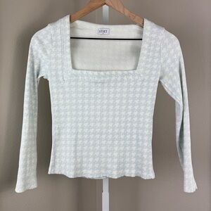 LESET Womens Hudson Long Sleeve Square Neck Top Sky Cream Houndstooth Size M